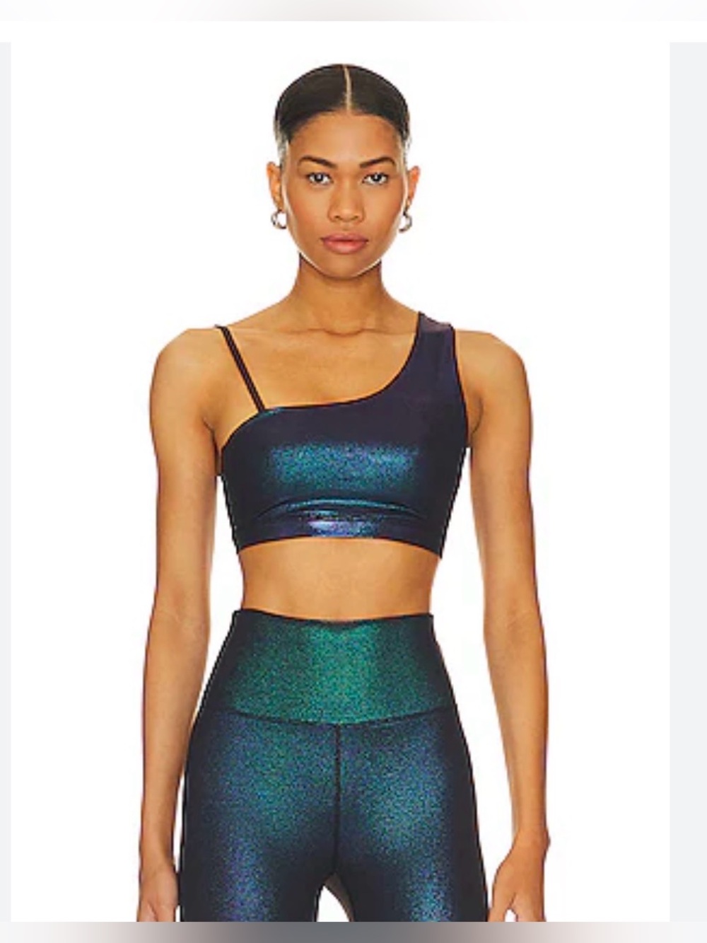 Beach Riot set - legging and One-Shoulder Iridescent Green-Blue Sports Bra